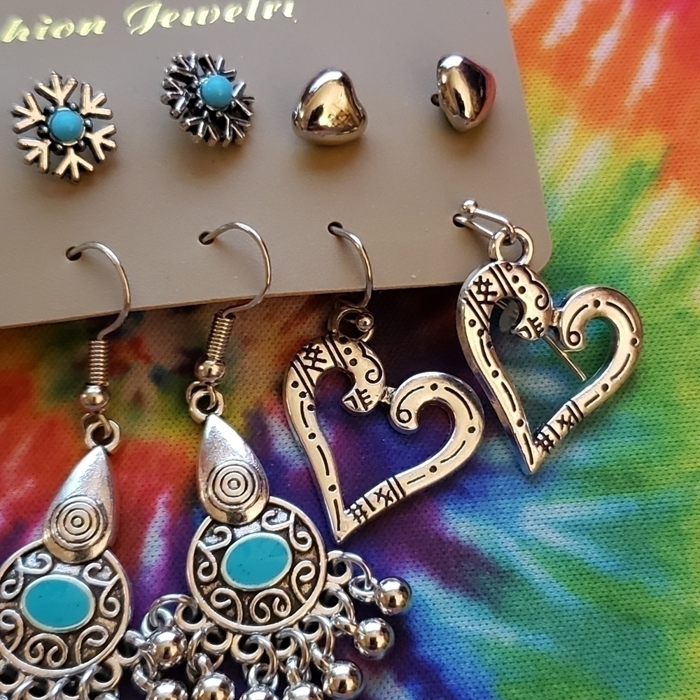 Nwt Silver Turquoise Boho Drop Dangle Earrings Stud Earrings Set of 6 - Picture 3 of 4